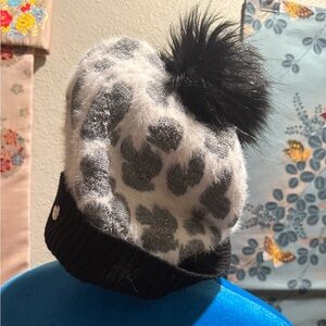 Express Black and Gray Leopard Beanie with Pom Pom